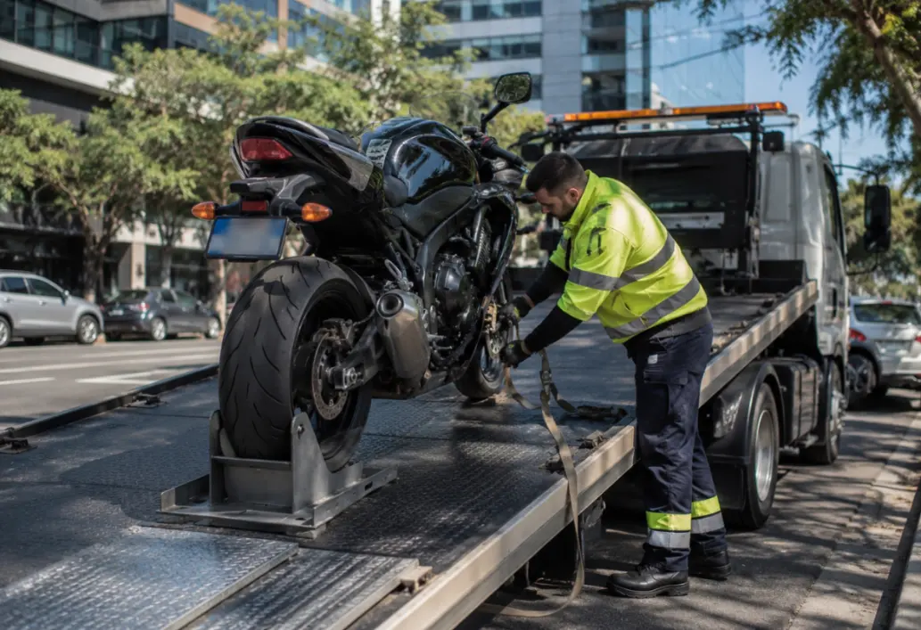 Motorcycle loaded for towing