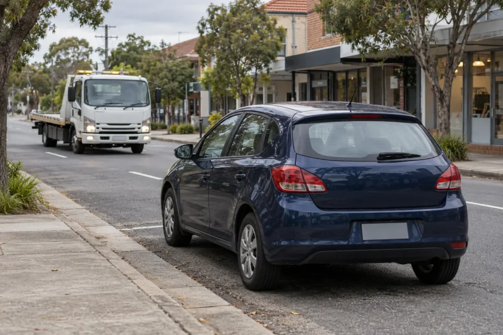 Tow truck approaching a parked car on a Sydney street