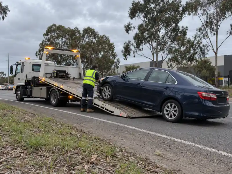 Tow operator loading a broken-down sedan onto a tilt-tray tow truck