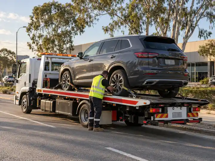 Tilt-tray tow truck carrying an SUV with all four wheels off the ground
