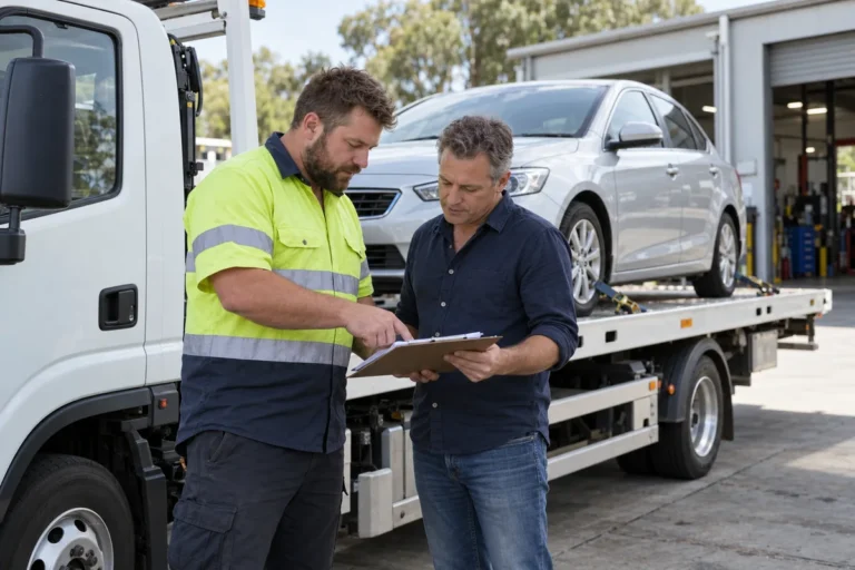 Customer and tow truck operator reviewing towing laws in Australia
