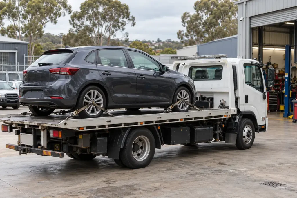 Flatbed tow truck carrying an intact car